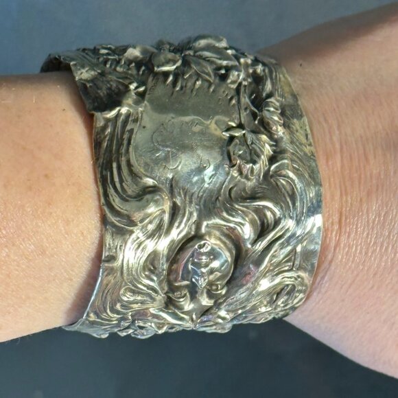 American Beauty Floral Sterling Silver Alphonse Mucha Cuff Bracelet Art Nouveau - Picture 9 of 10